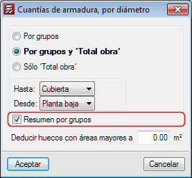 CYPECAD. Resumen por grupos de cuantías de armadura, por diámetro