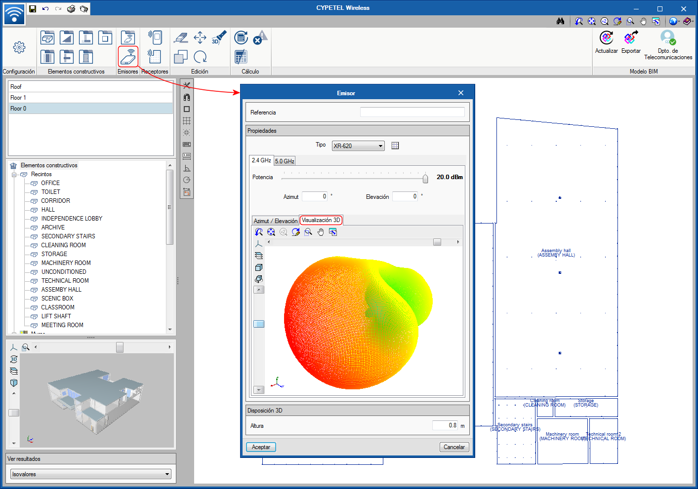 CYPETEL Wireless. Visualización 3D de los diagramas de radiación de los emisores