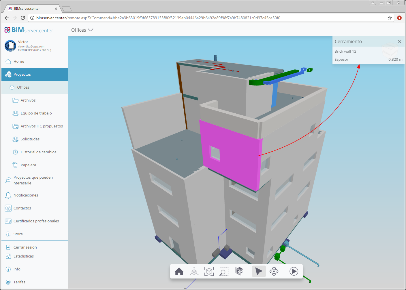 IFC Builder. Información de los elementos arquitectónicos en el visor 3D de BIMserver.center